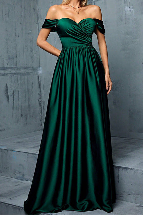 off shoulder ruched satin maxi dress in green