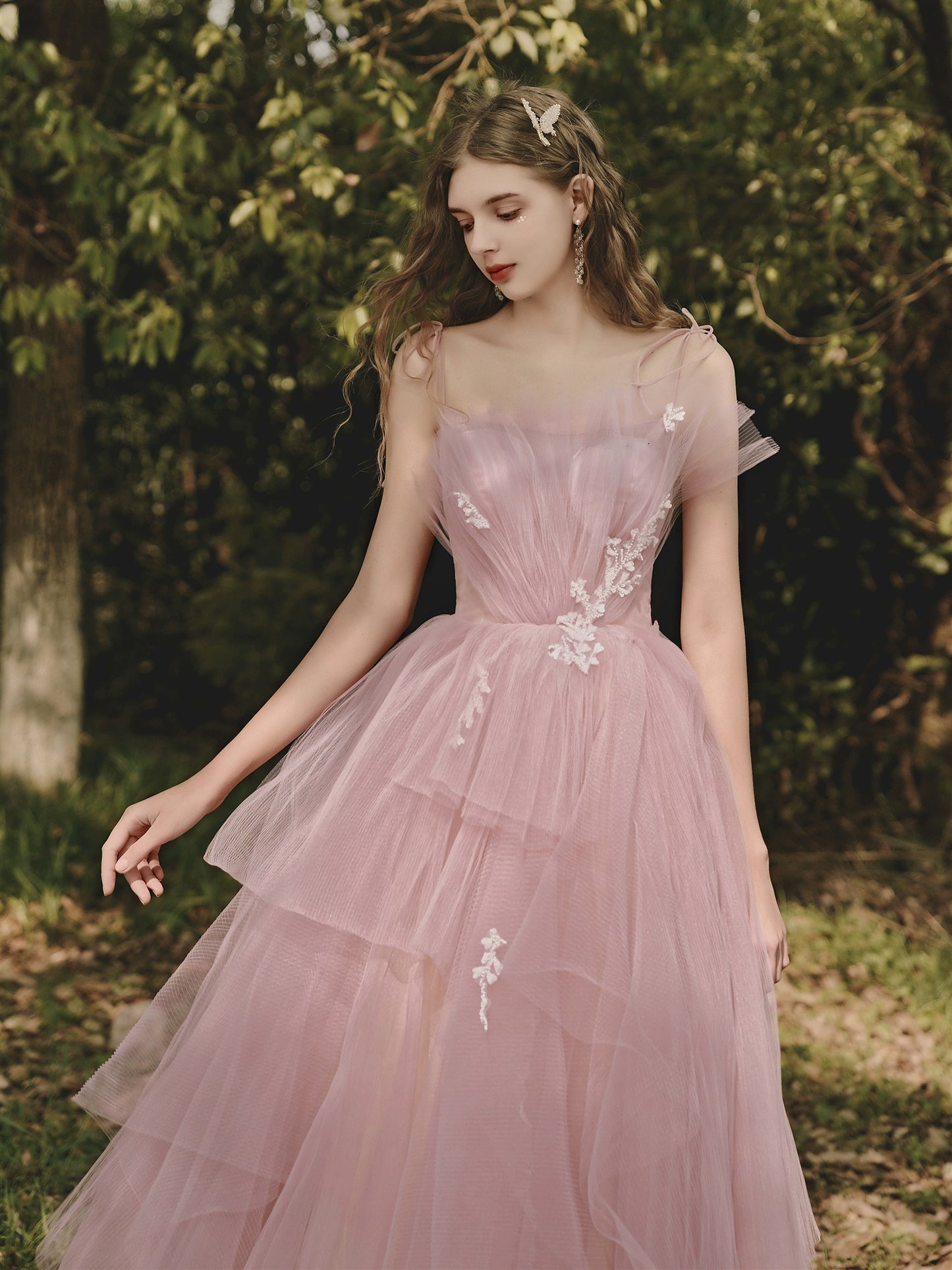 sequin floral applique tulle maxi dress in pink