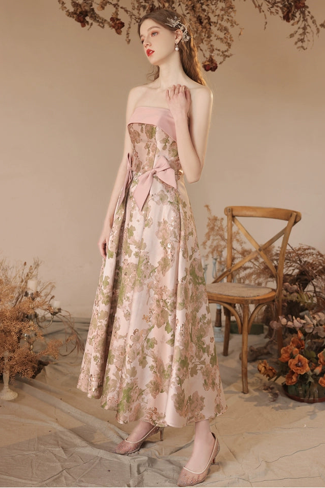 floral print strapless satin maxi dress in pink