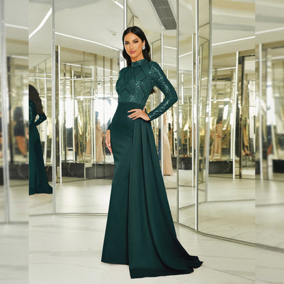 Long sequined long-sleeved round neck dress