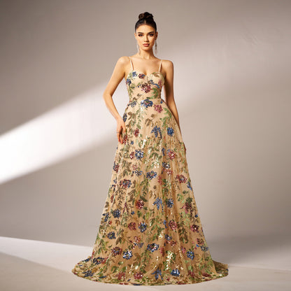 off-shoulder sequin print maxi dress in apricot