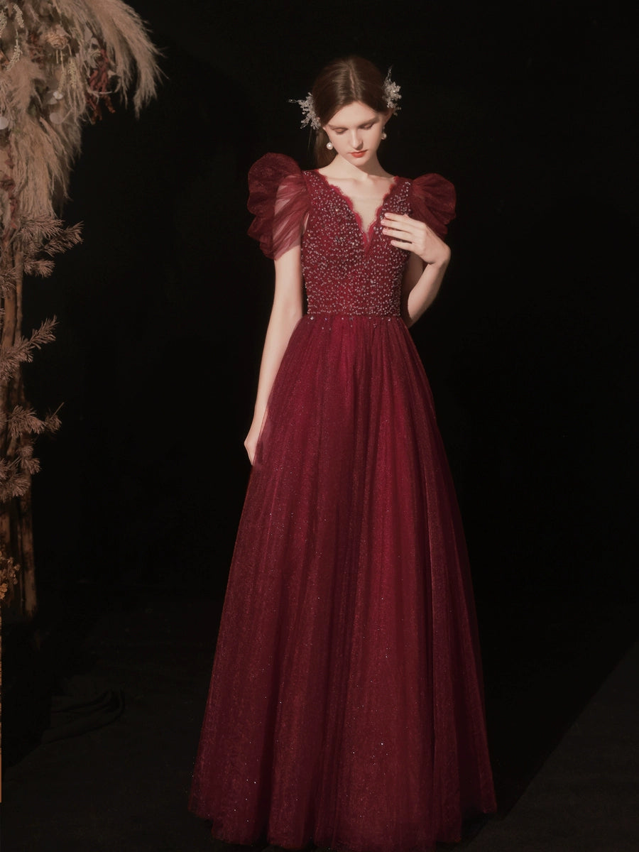 lura sequin v-neck puff short sleeve maxi dress in claret