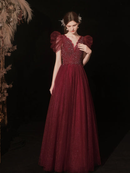 lura sequin v-neck puff short sleeve maxi dress in claret