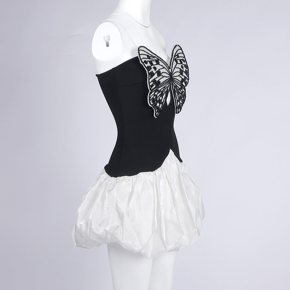 Butterfly Embroidered Bodice Puffball mini Dress in black