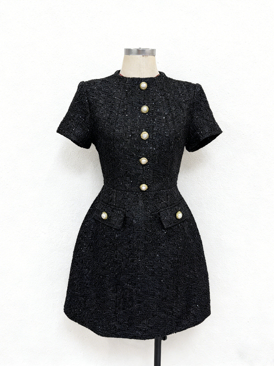 tiffany pearl-embellished tweed mini dress in gold