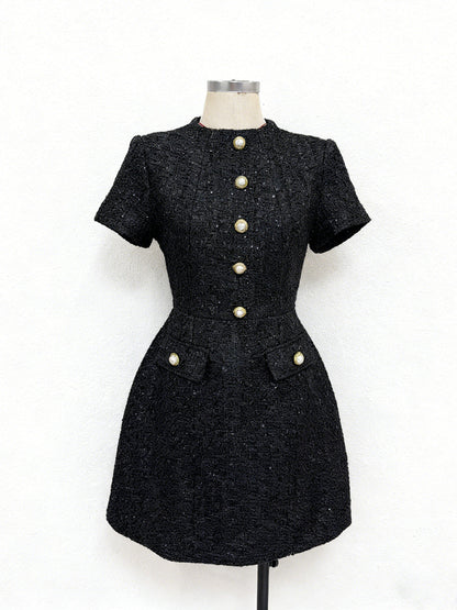 tiffany pearl-embellished tweed mini dress in gold