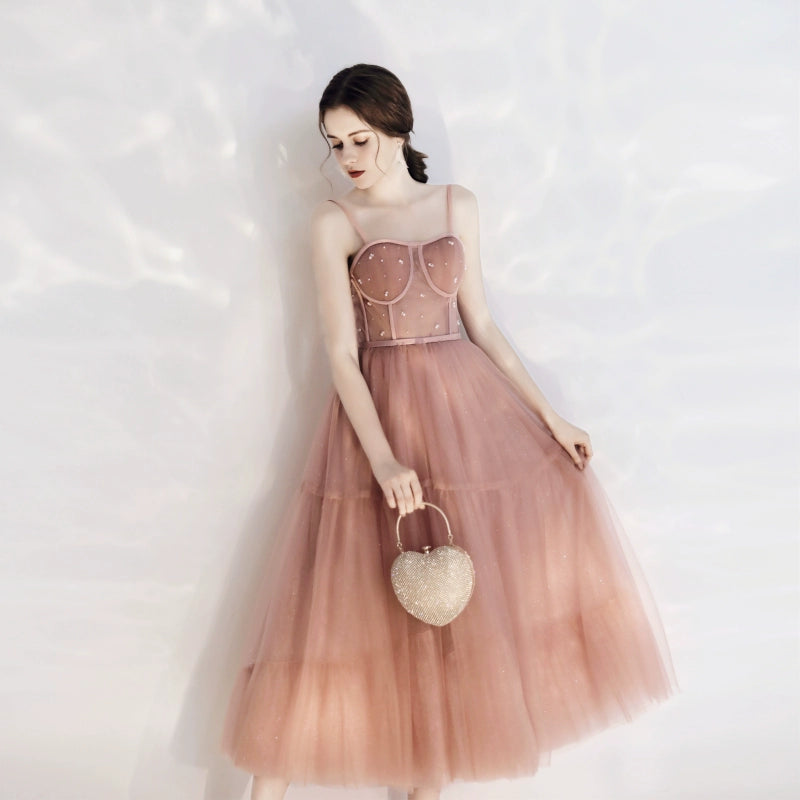 rhinestone embellished tulle midi dress in pink