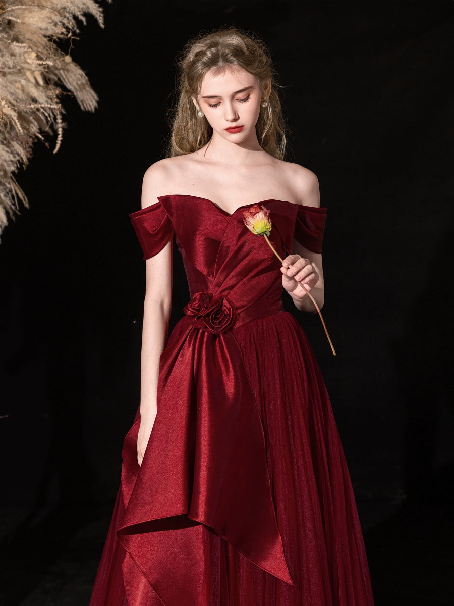 off-shoulder bow satin maxi dress in Bordeaux