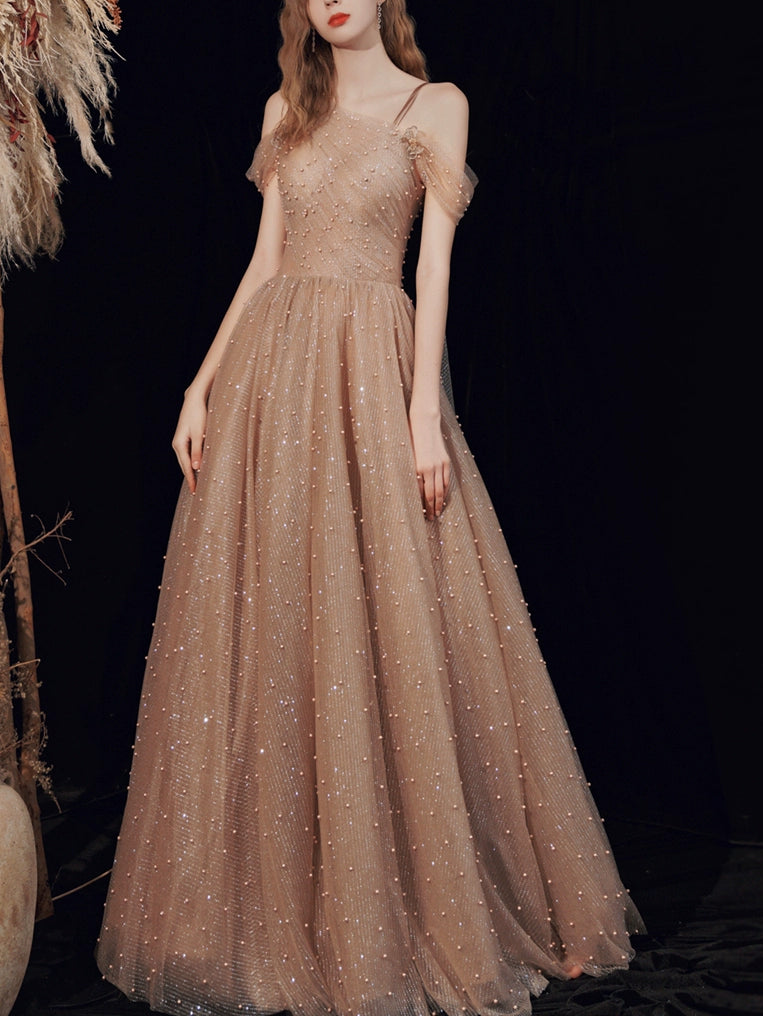 venus pearl embellished tulle maxi dress in brown