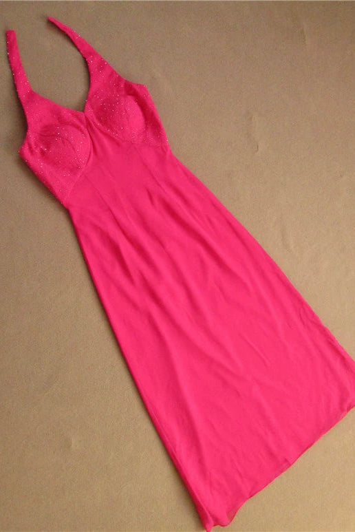 Rose red halter neck chiffon long beaded evening gown