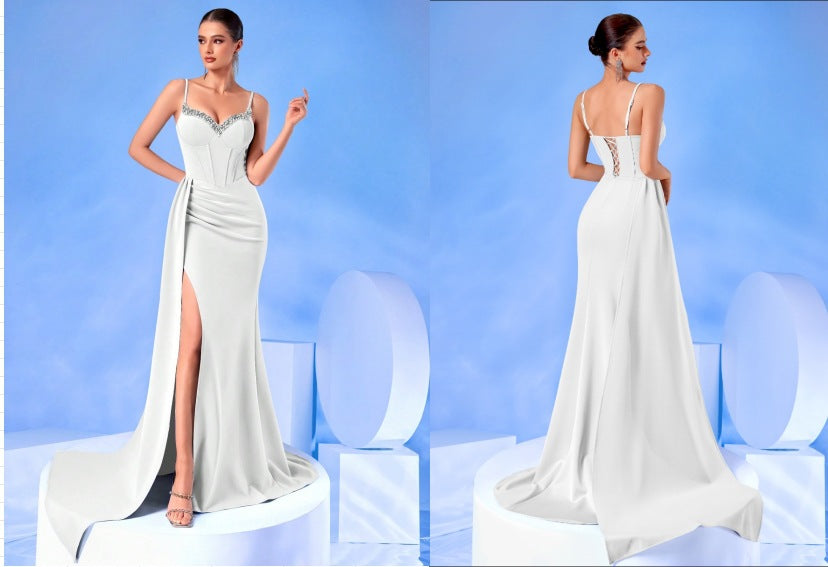 evelyn Rhinestones satin draped high slit maxi dress