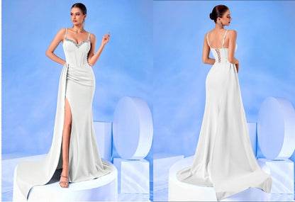 evelyn Rhinestones satin draped high slit maxi dress