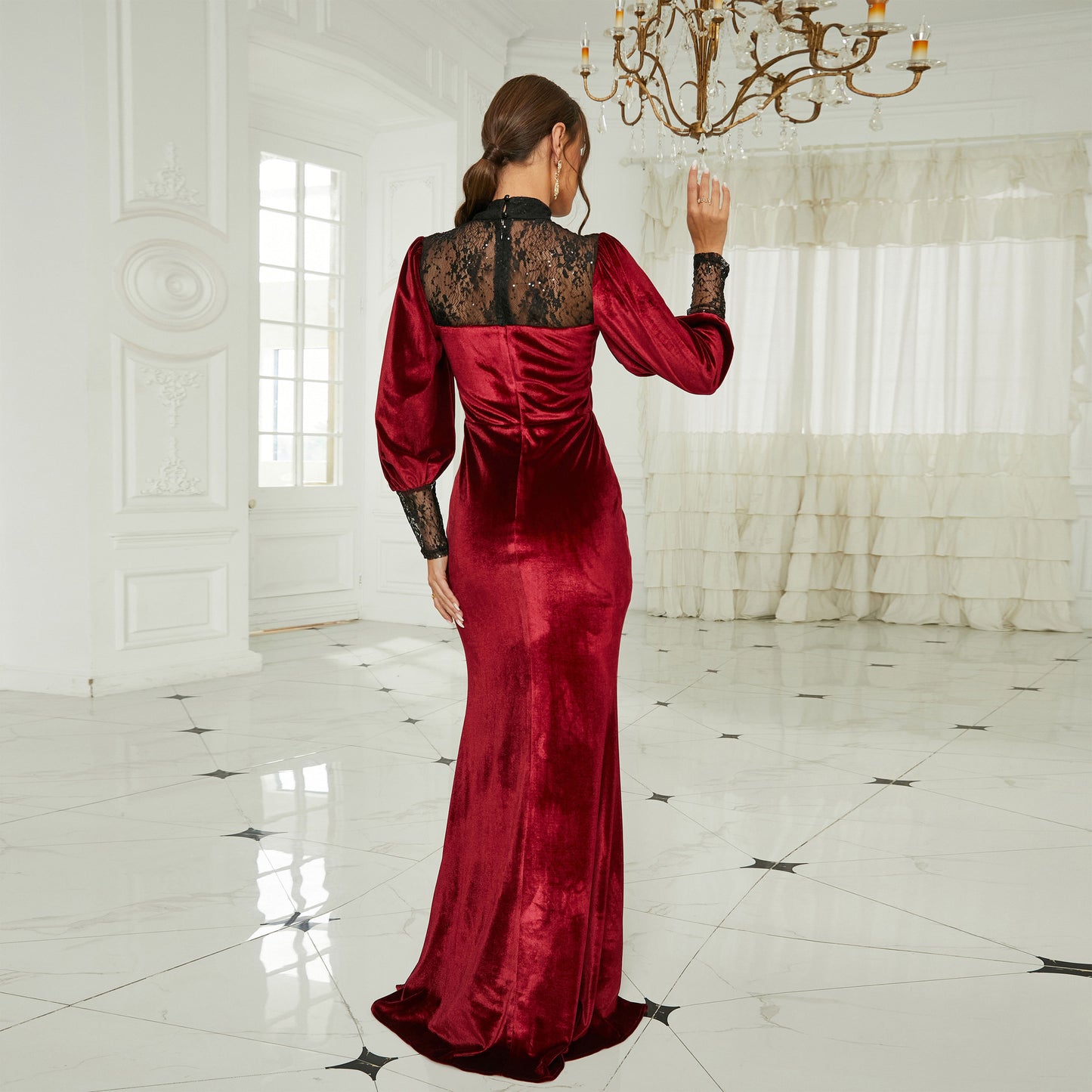 mesh detail high slit velvet maxi dress in burgundy