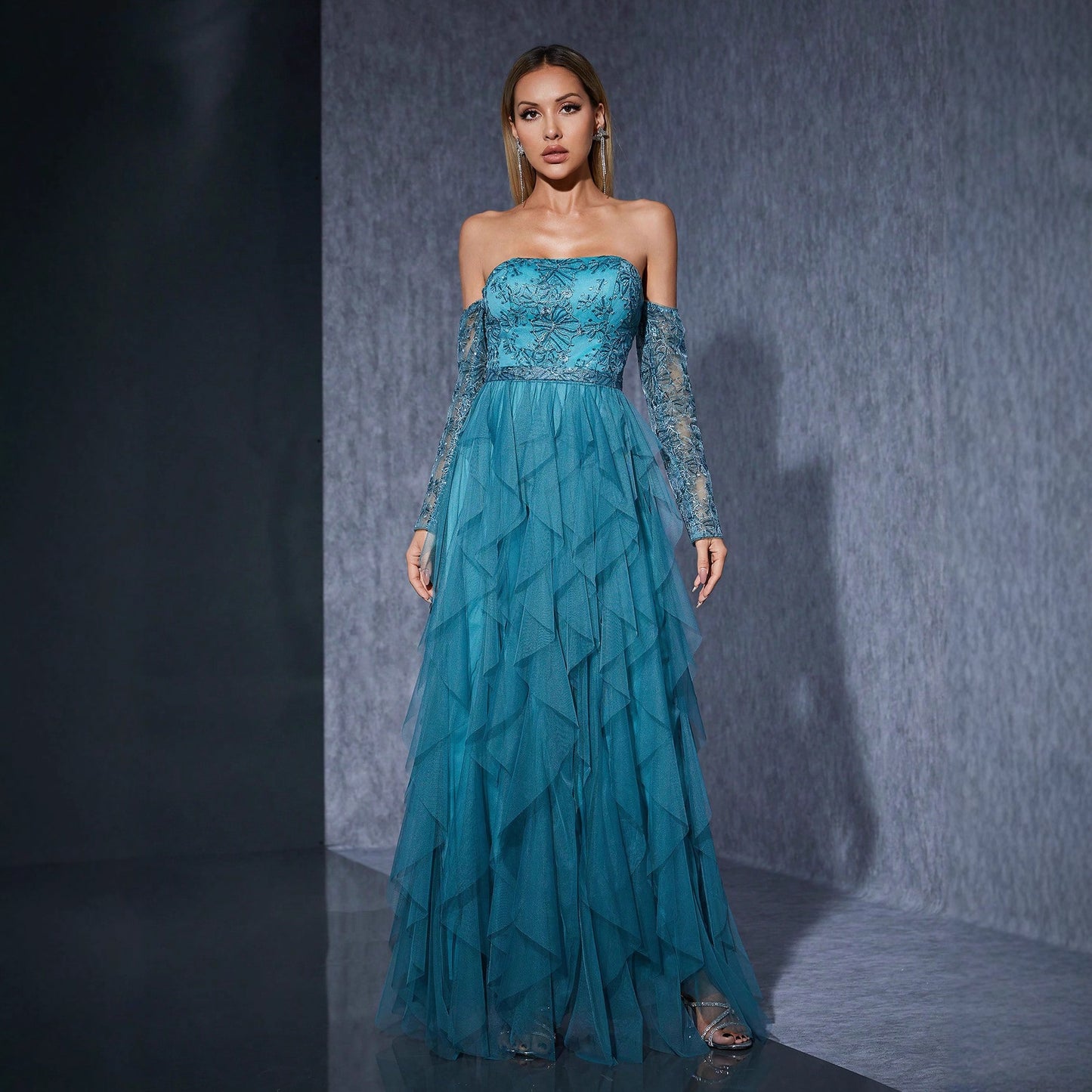 sequin tulle layer lace hollow long sleeve strapless maxi dress