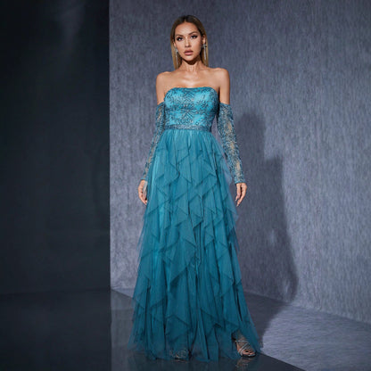 sequin tulle layer lace hollow long sleeve strapless maxi dress