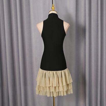 cynthia black ruched trim sleeveless puffy mini dress