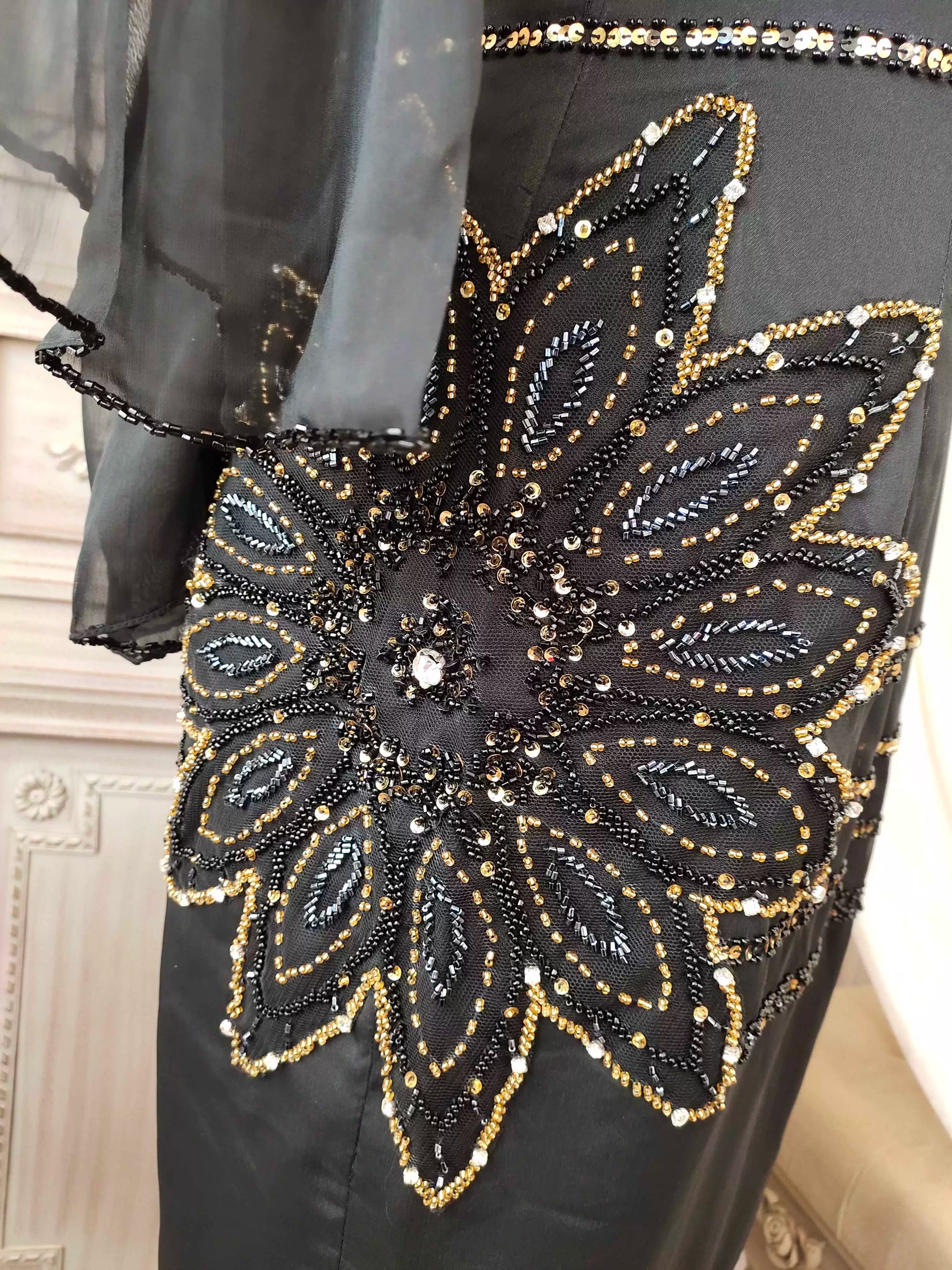 Black hand-beaded chiffon fishtail skirt
