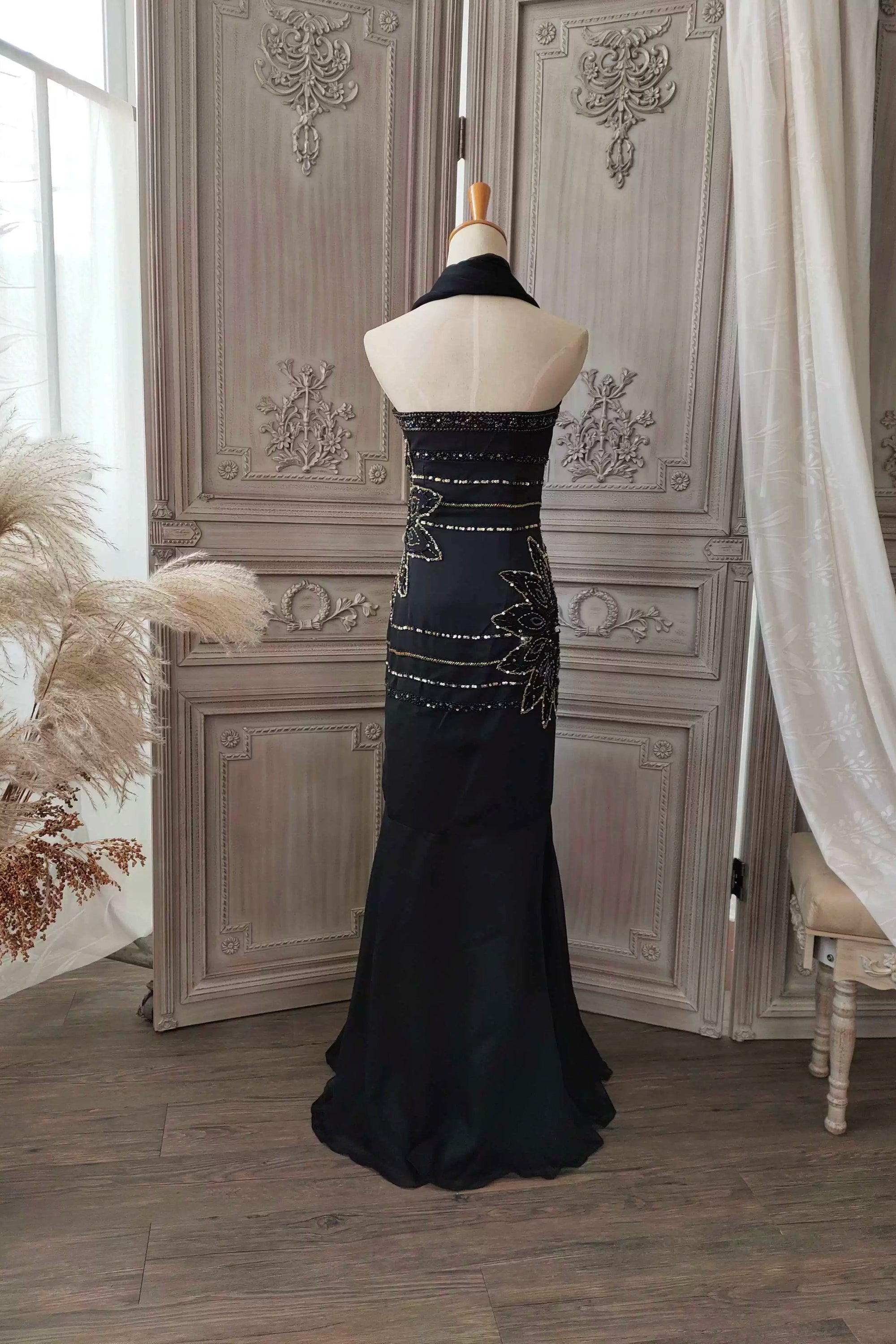 Black hand-beaded chiffon fishtail skirt