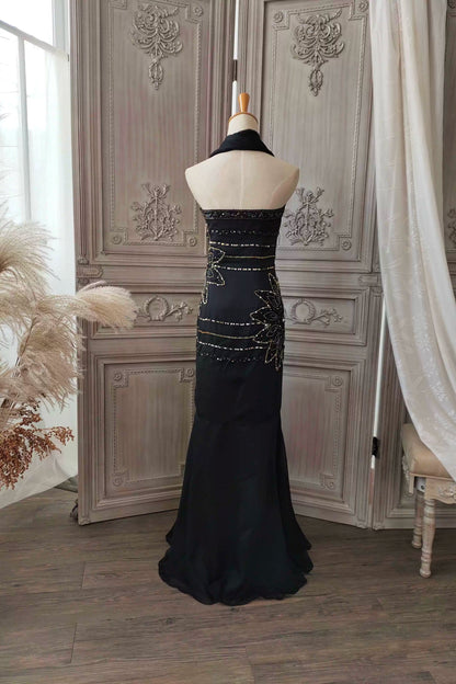 Black hand-beaded chiffon fishtail skirt
