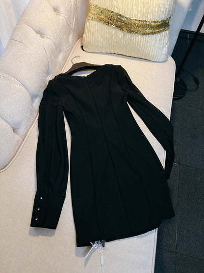tina Cinched Waist Square Neck Long Sleeve Velvet Mini Dress in black