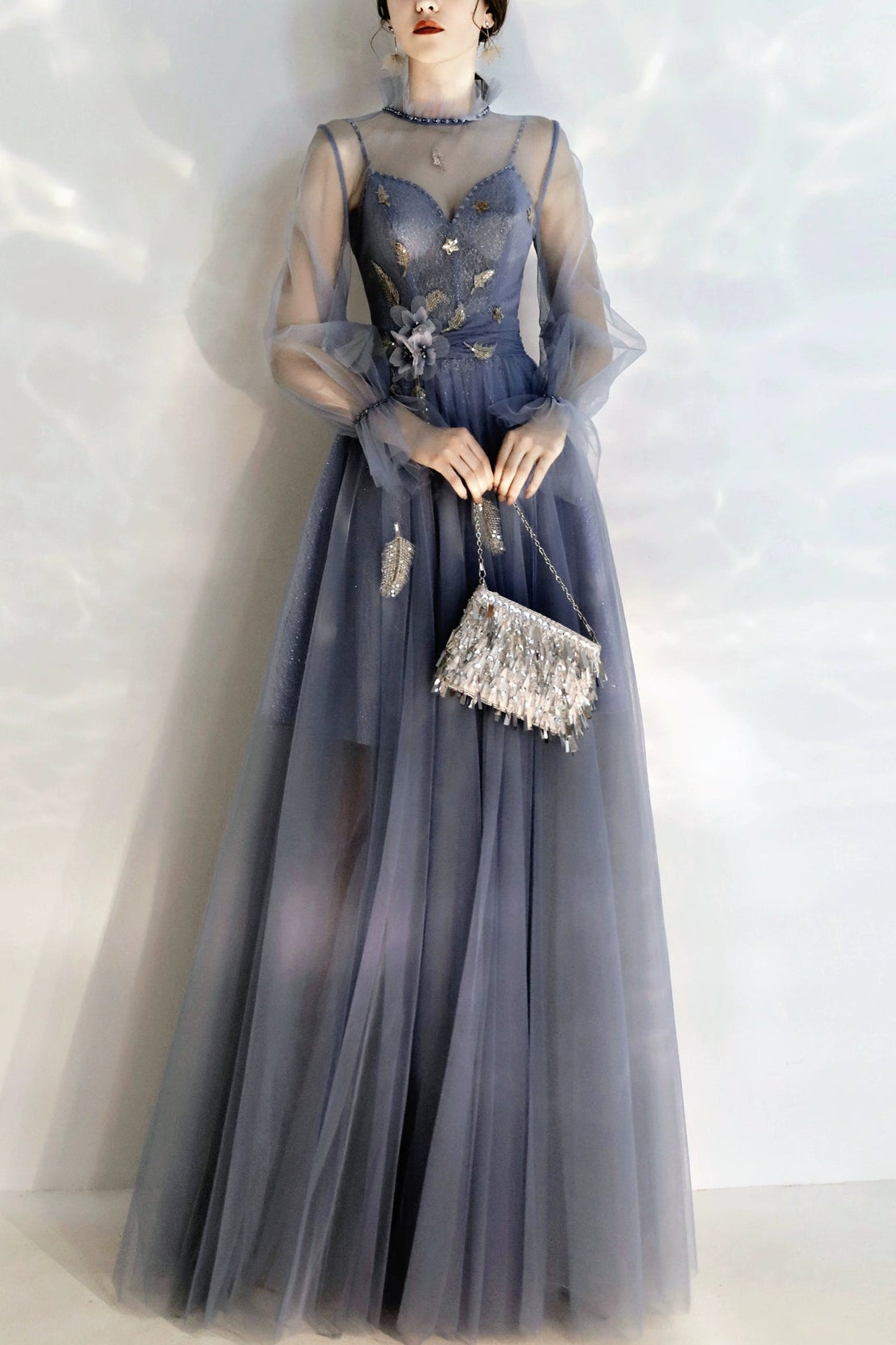 long sleeve Tulle Maxi dress in blue