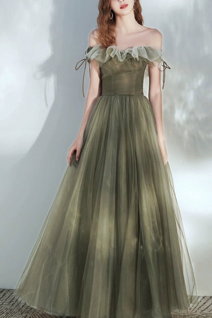 tulle ruffle strapless maxi dress in green