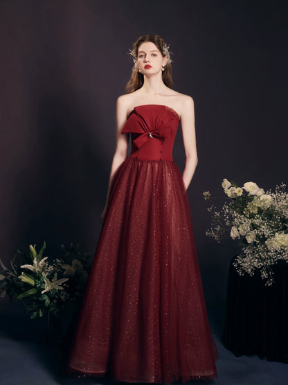 sequin detail bow strapless maxi dress in red