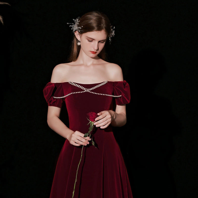 Red pearl embellished velvet maxi dress