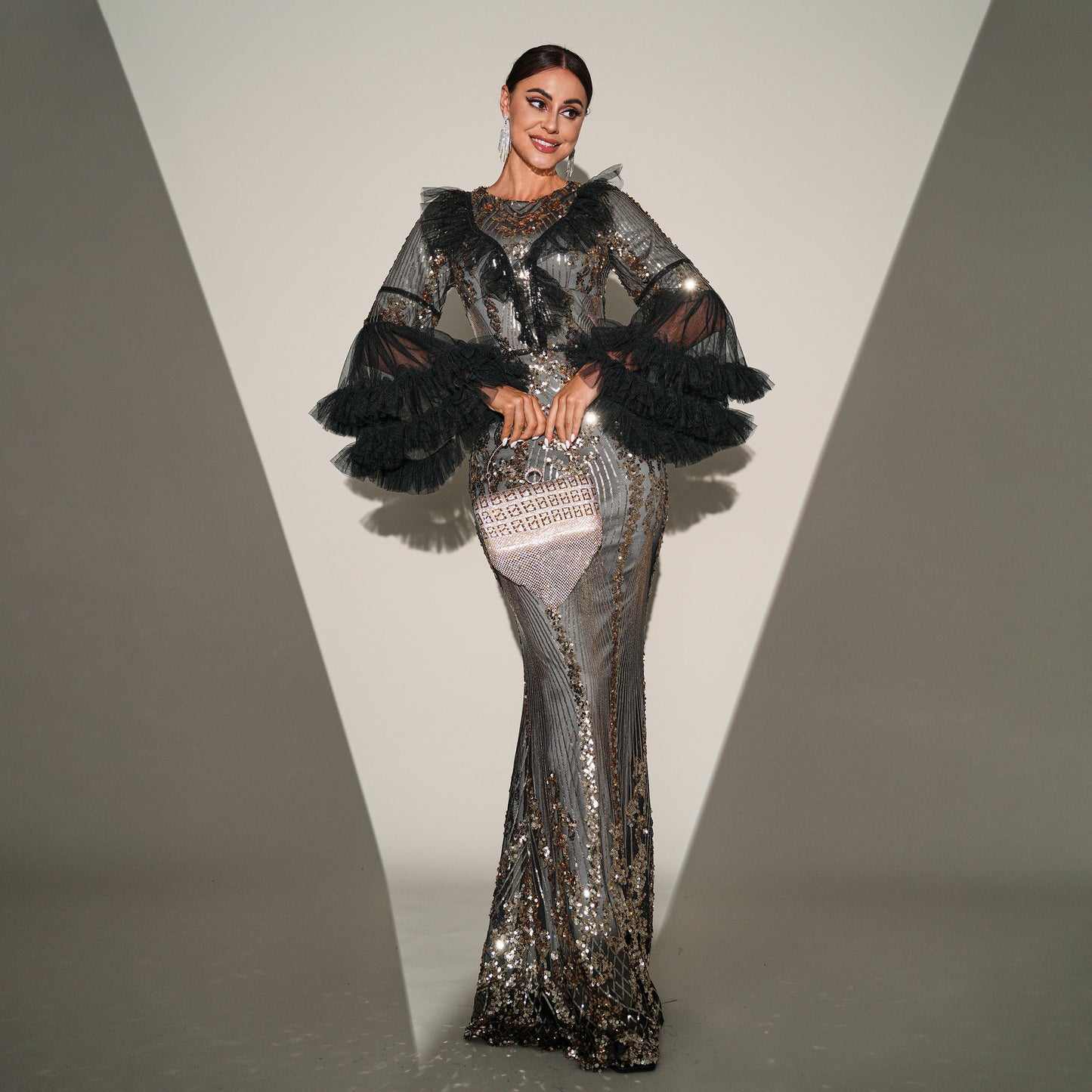 eudora sequin embellished ruffle trim bodycon maxi dress