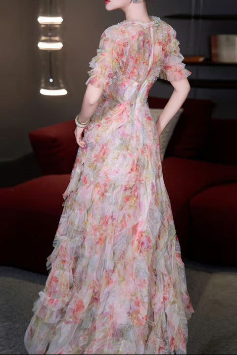 jodie v neck multicolor ruffle trim tulle maxi dress