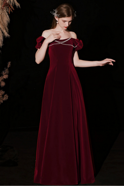 Red pearl embellished velvet maxi dress
