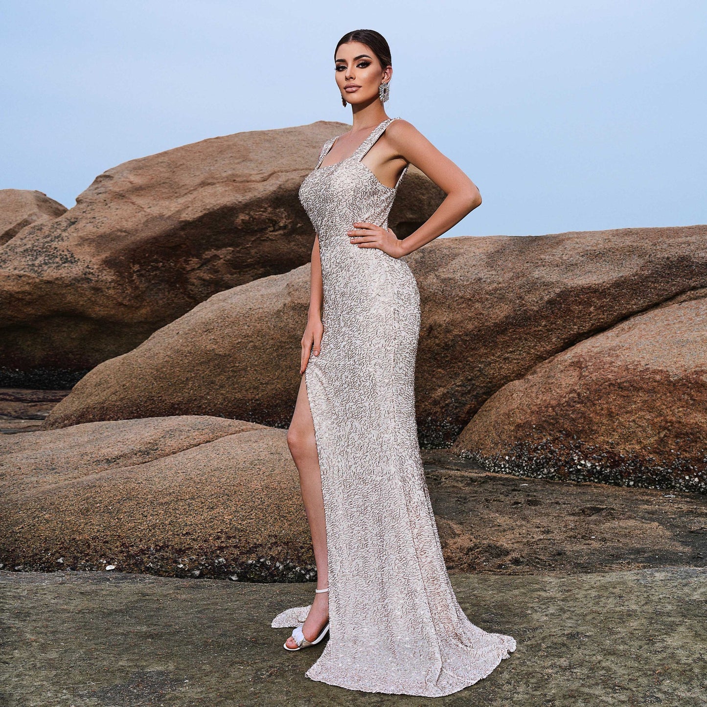 apricot square neck sequin high slit maxi dress