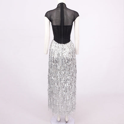 tassel sequin black corset maxi dress