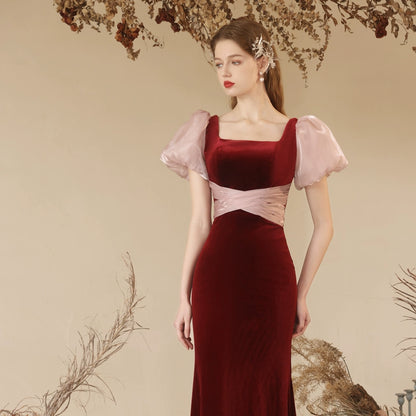 Stephanie wine red velvet fishtail maxi dress