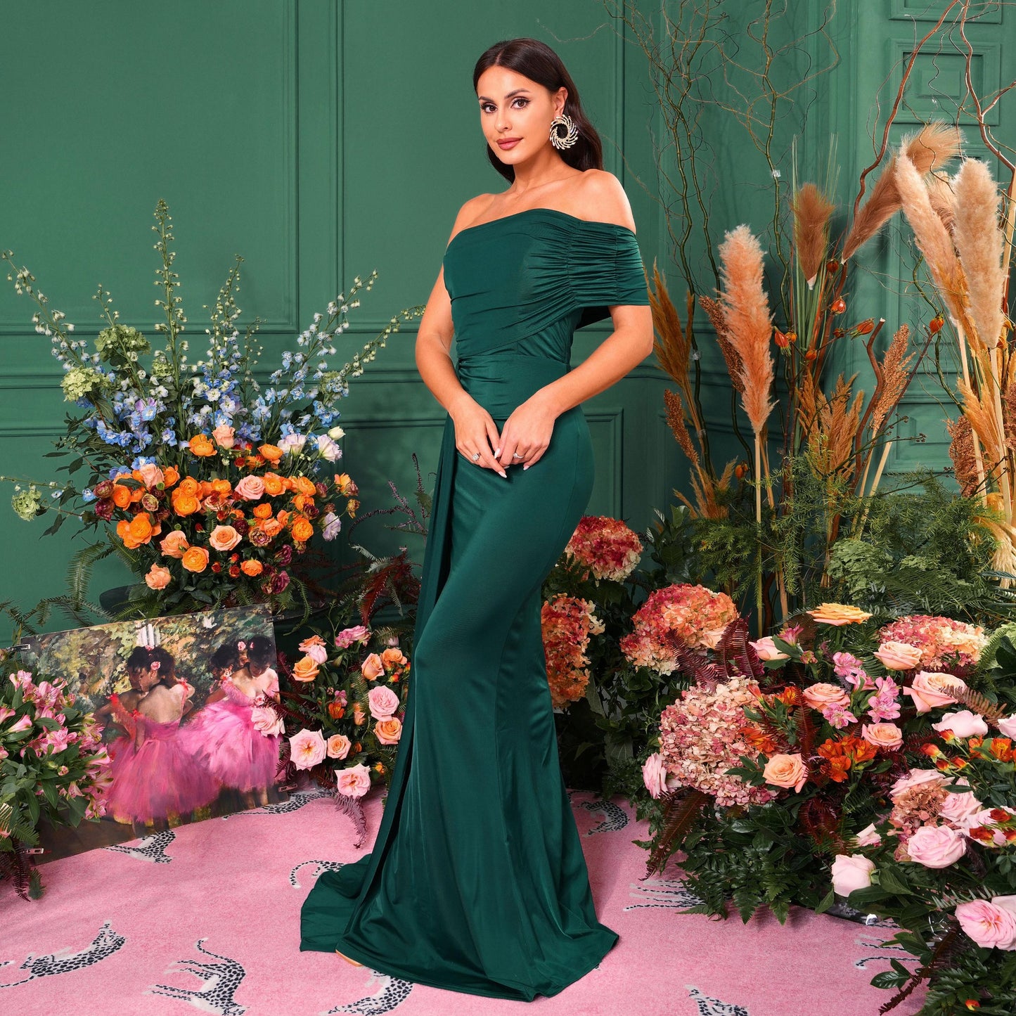 off shoulder pleated ribbon strapless maxi dress in green