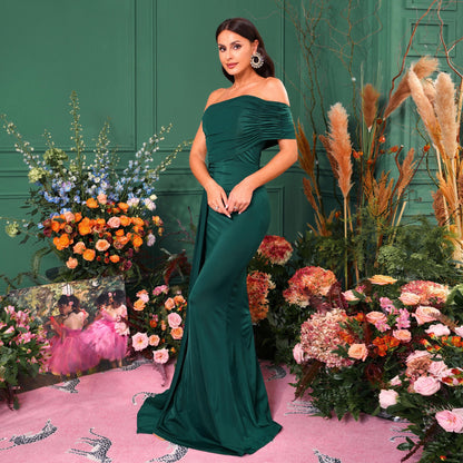 off shoulder pleated ribbon strapless maxi dress in green