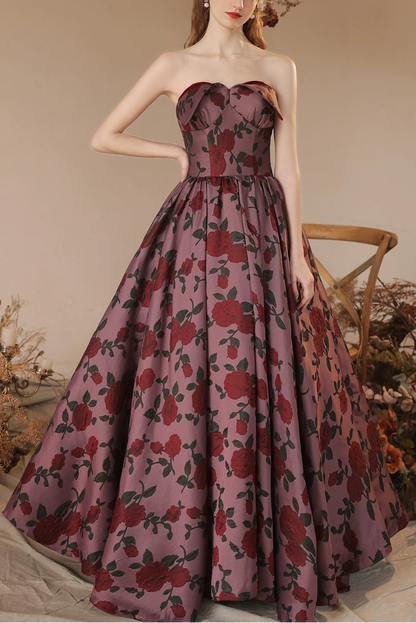 rose floral print strapless maxi dress in claret