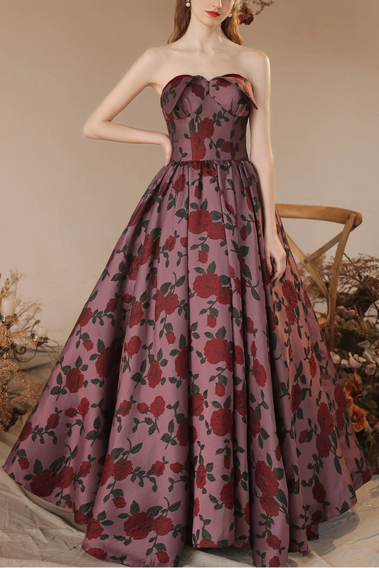 rose floral print strapless maxi dress in claret