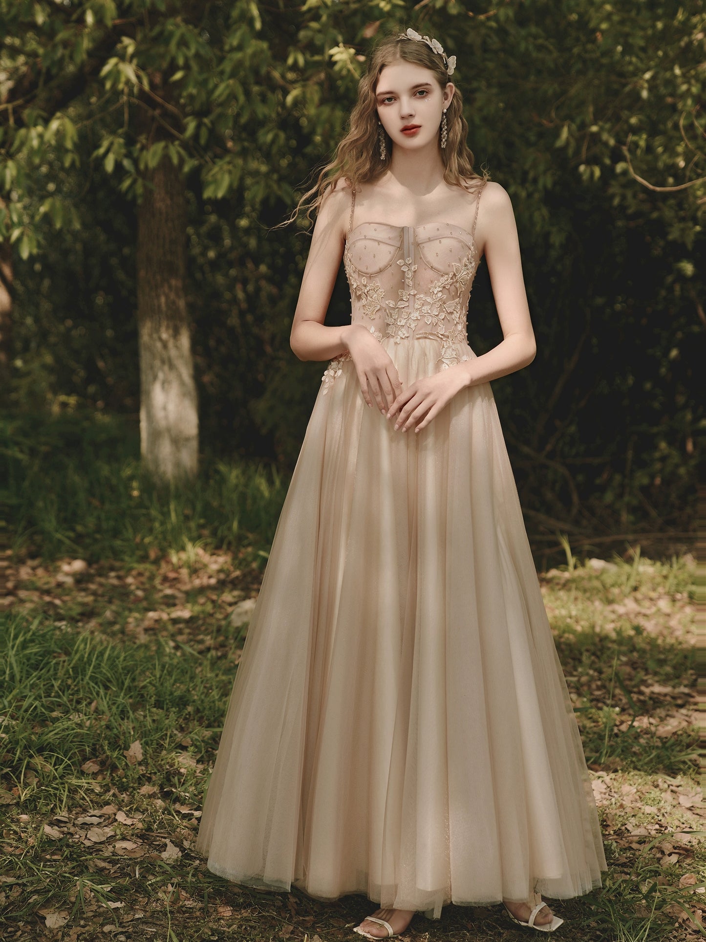 floral applique rhinestone maxi dress in champagne