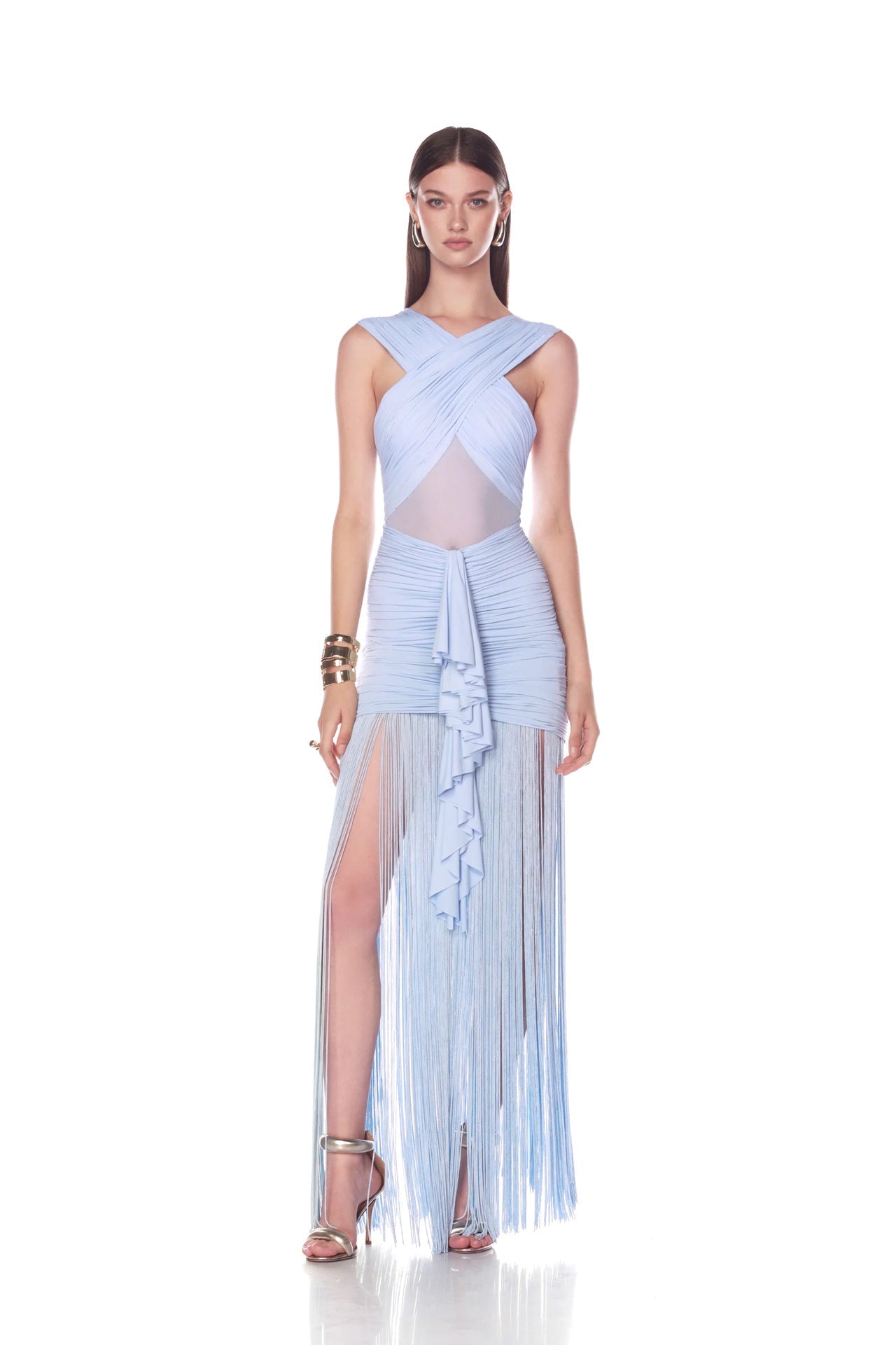 Fringe Mesh Ruched Maxi Dress