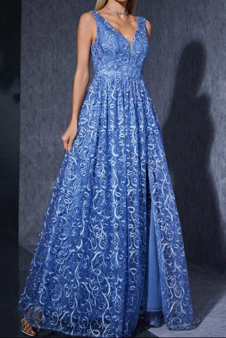 v-neck floral print sleeveless maxi dress in blue