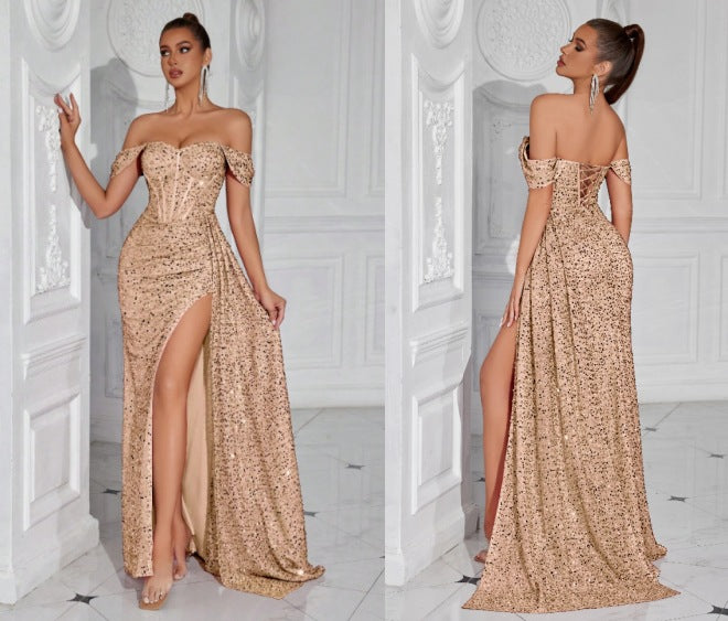 gabrielle Sequined strapless slit evening maxi dress