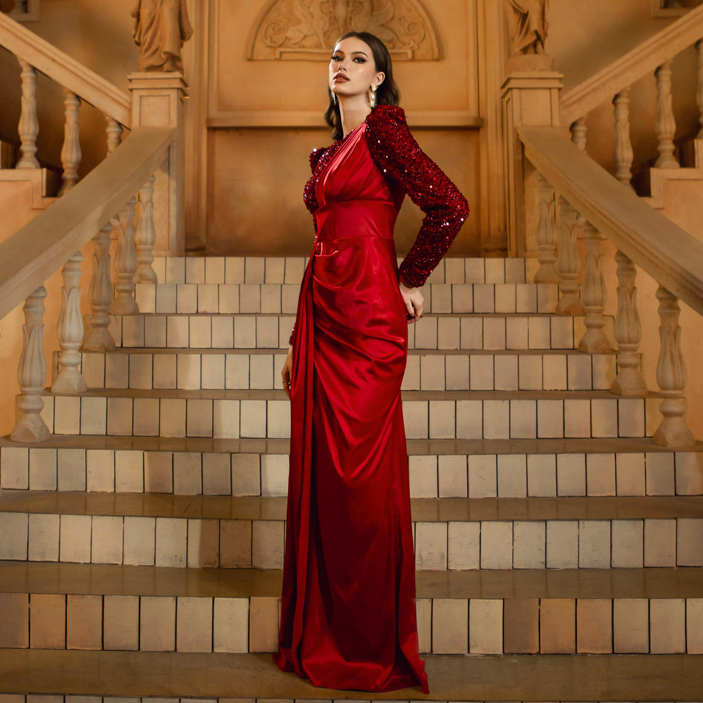 calista sequin stain maxi dress in burgundy