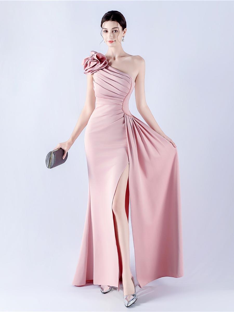 One Shoulder Flower Pleated Draped Prom Dress
