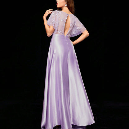 applique backless satin maxi dress in pale purple