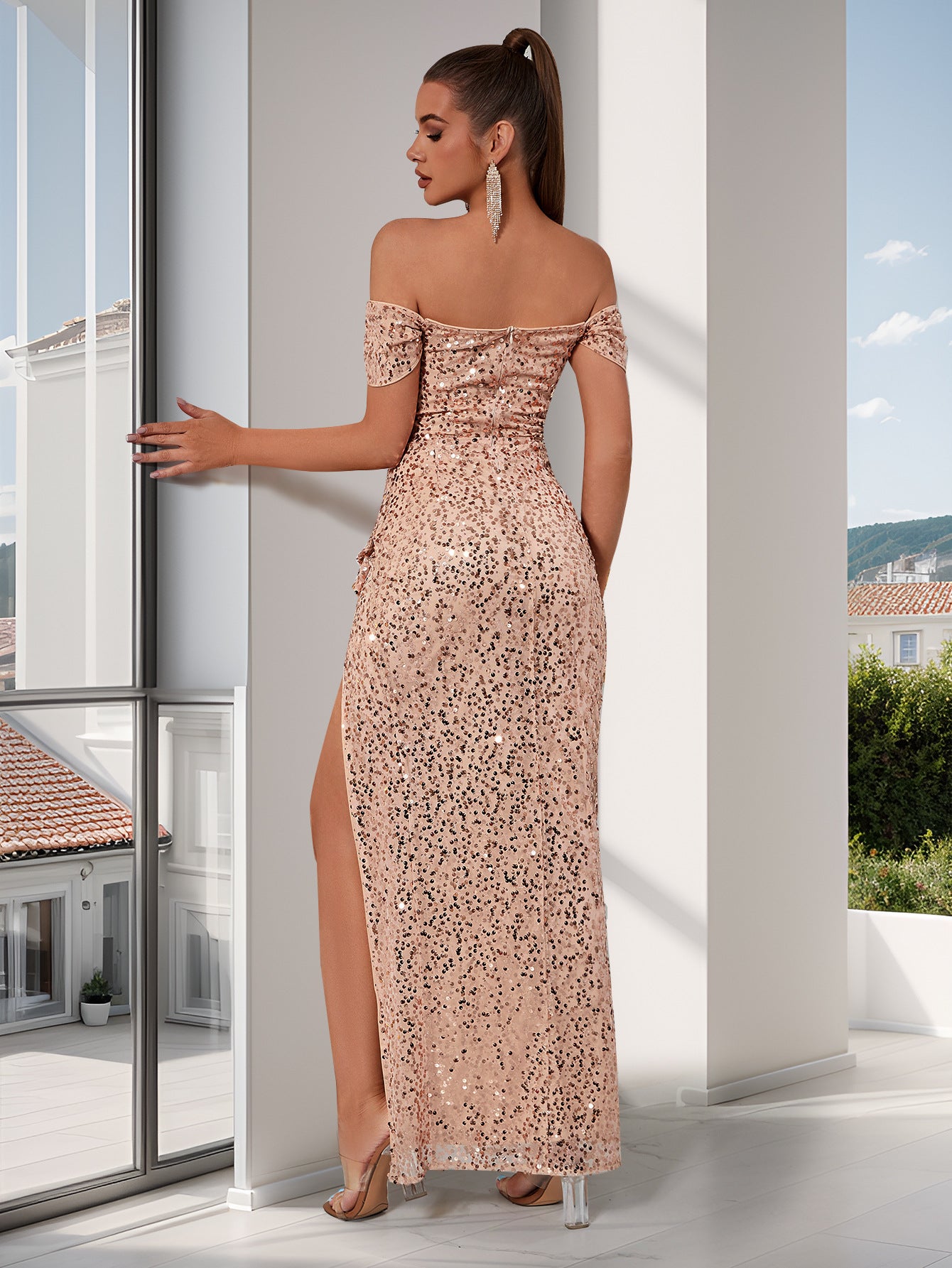 off shoulder sequin detail high slit bodycon maxi dress