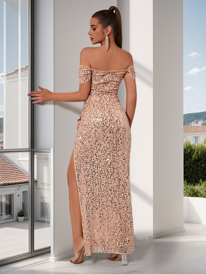 off shoulder sequin detail high slit bodycon maxi dress