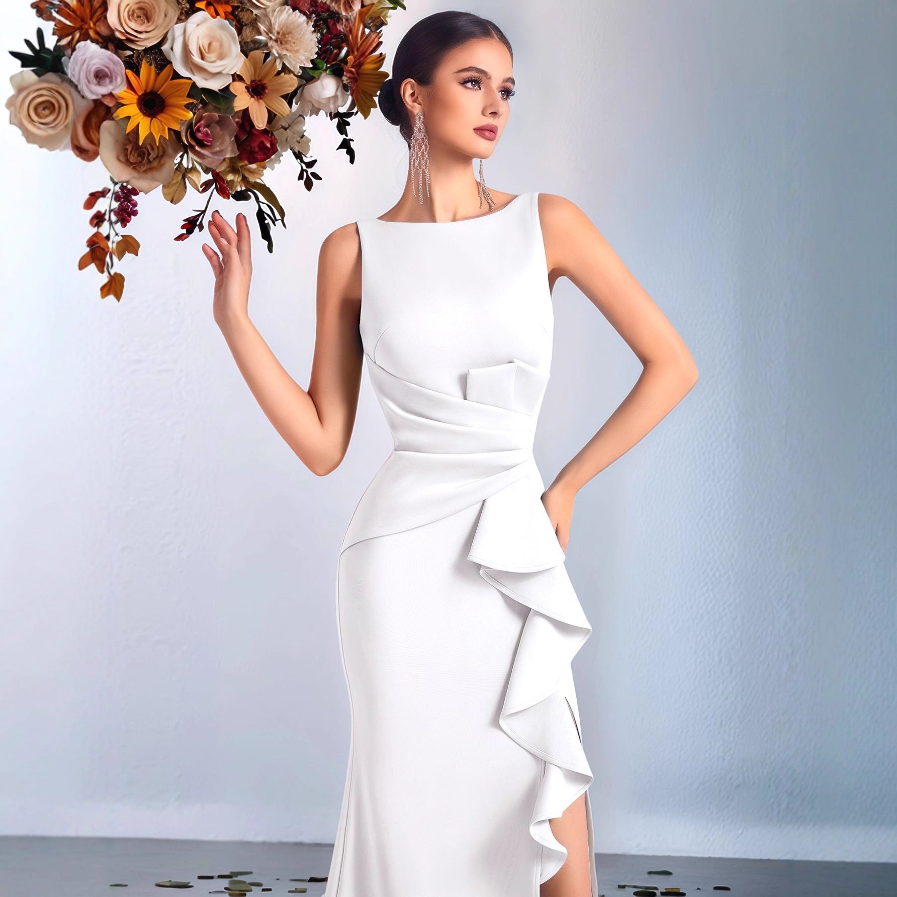 high slit Pleated evening maxi dress