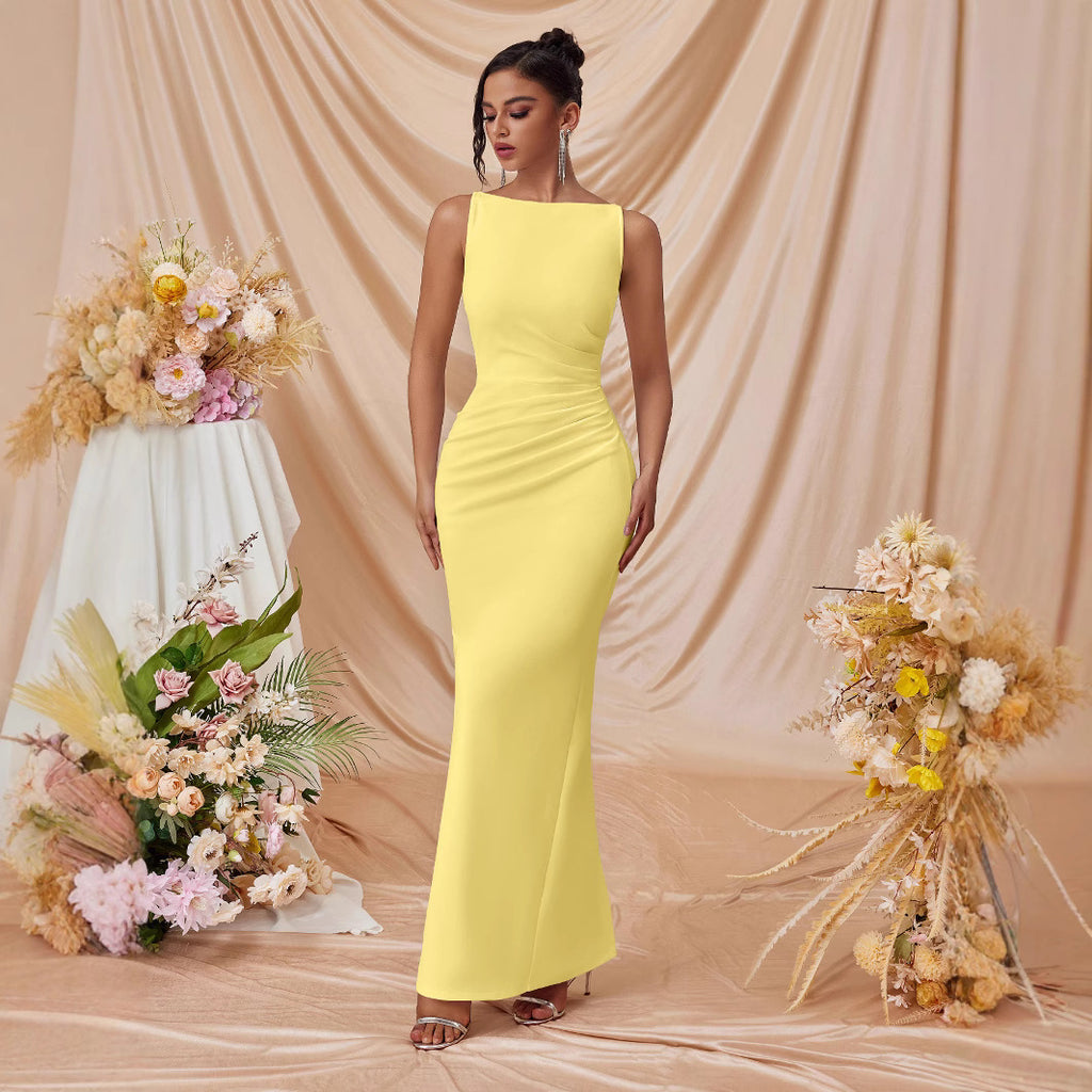 pleated Sleeveless solid color slit slim maxi dress