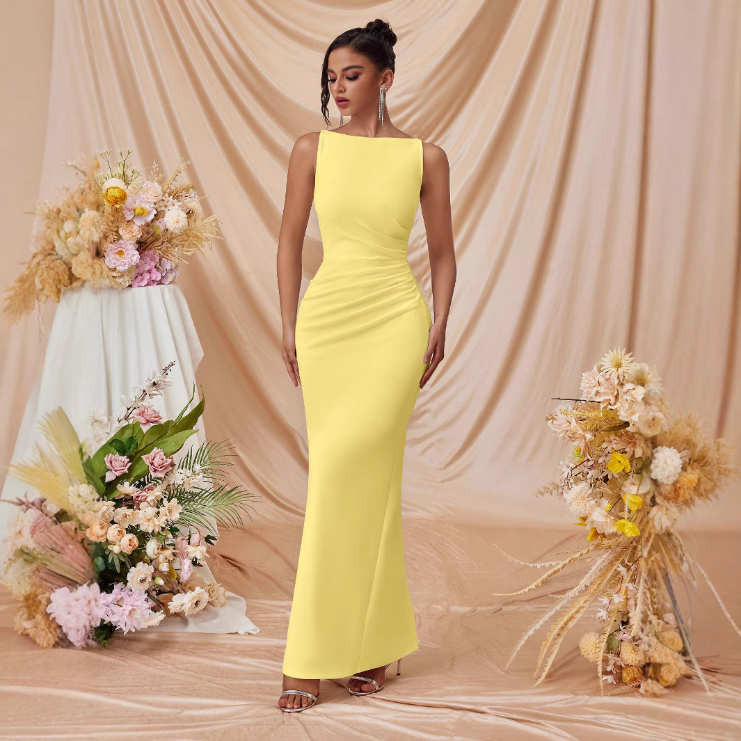 pleated Sleeveless solid color slit slim maxi dress